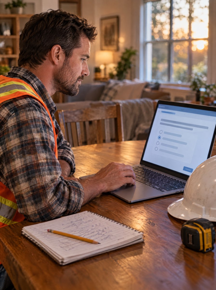 Contractor in a safety vest taking a free CSLB practice test on a laptop at home