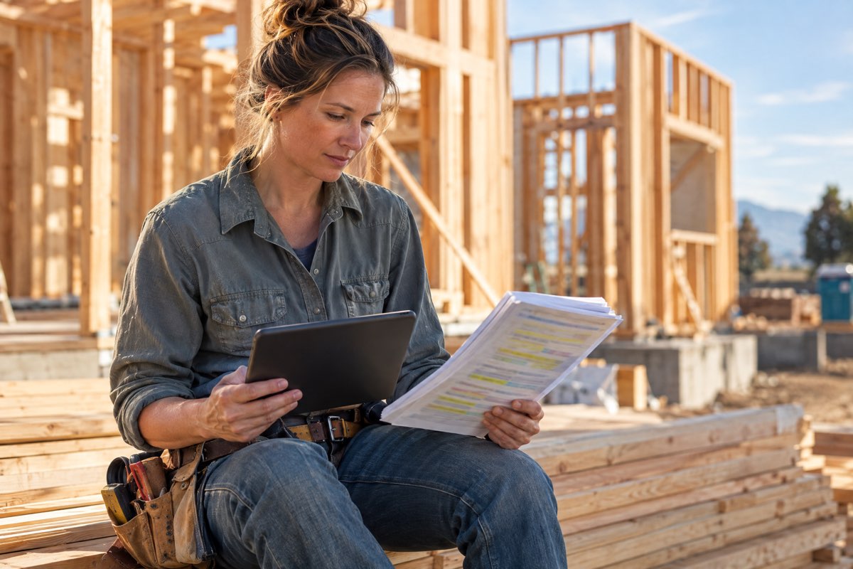 Contractor reviewing exam prep notes on a tablet during a break at a construction site