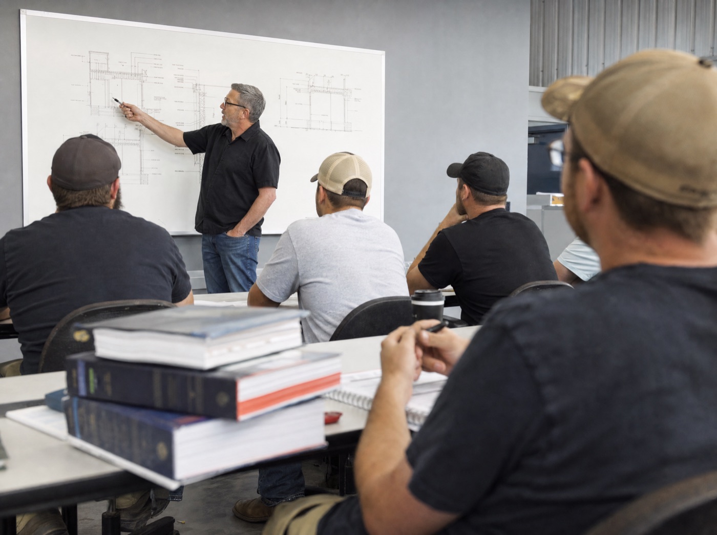 Instructor explaining a building-code diagram beside a stack of ICC code books